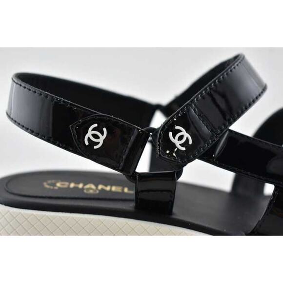 Chanel 20C Black Patent White CC Logo Mule Slide Strap Flat Dad Sandal 40.5 - Picture 3 of 12